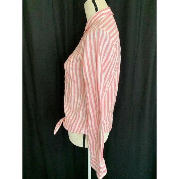 J Crew Striped 100% Linen white pink button down Long Sleeve top - Picture 3 of 6